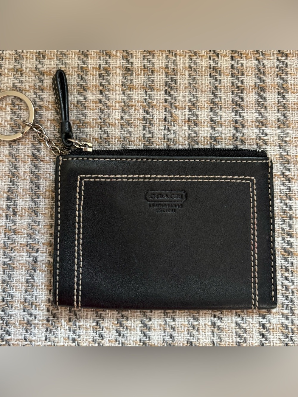 Coach Black Leather Zip Card Pouch with Keyring